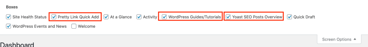 screenshot of selected screen options in WP dashboard