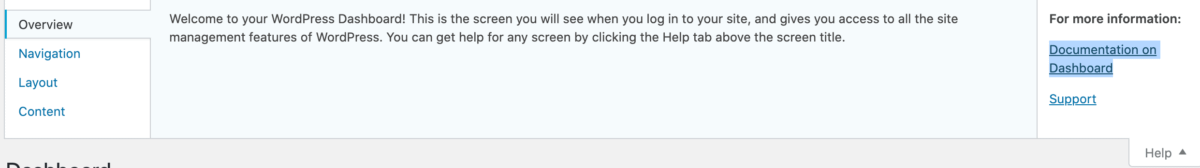 screenshot of help section in wp dashboard