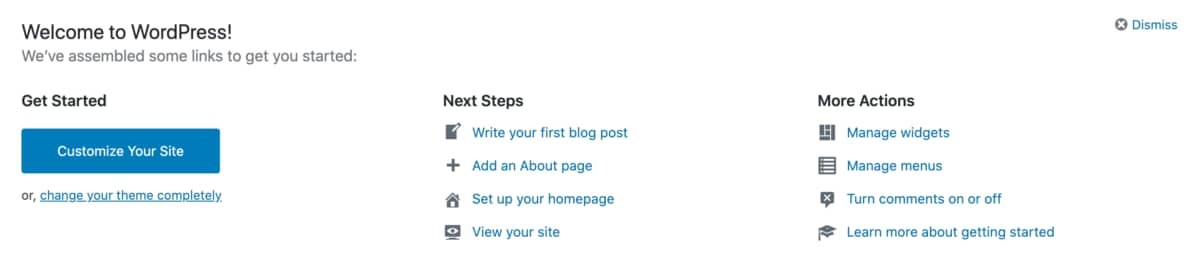 Screenshot of Welcome To WordPress dashboard area
