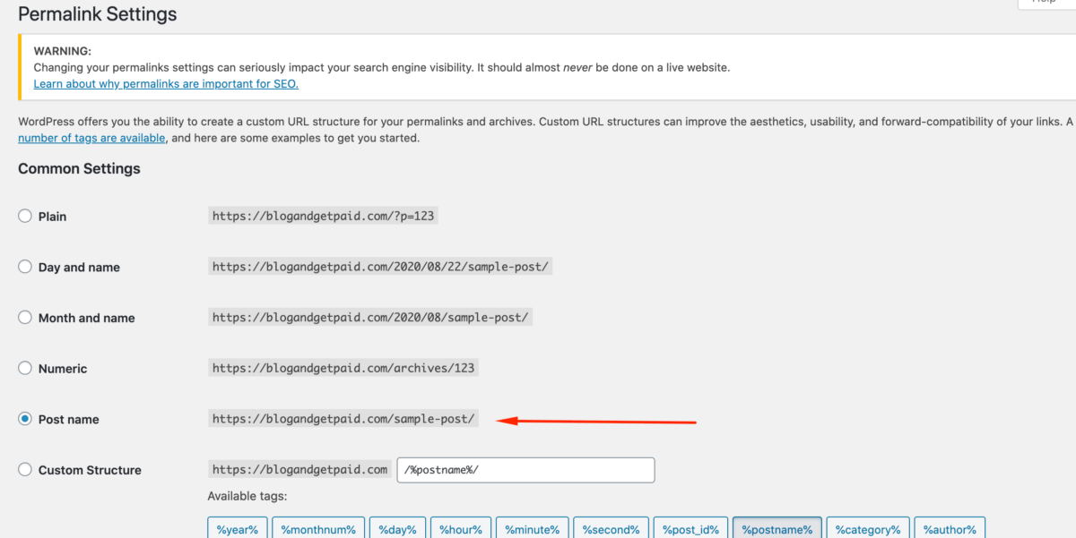 screenshot of permalinks settings in WP Dashboard