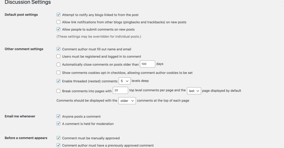screenshot of the discussion settings of wordpress dashboard