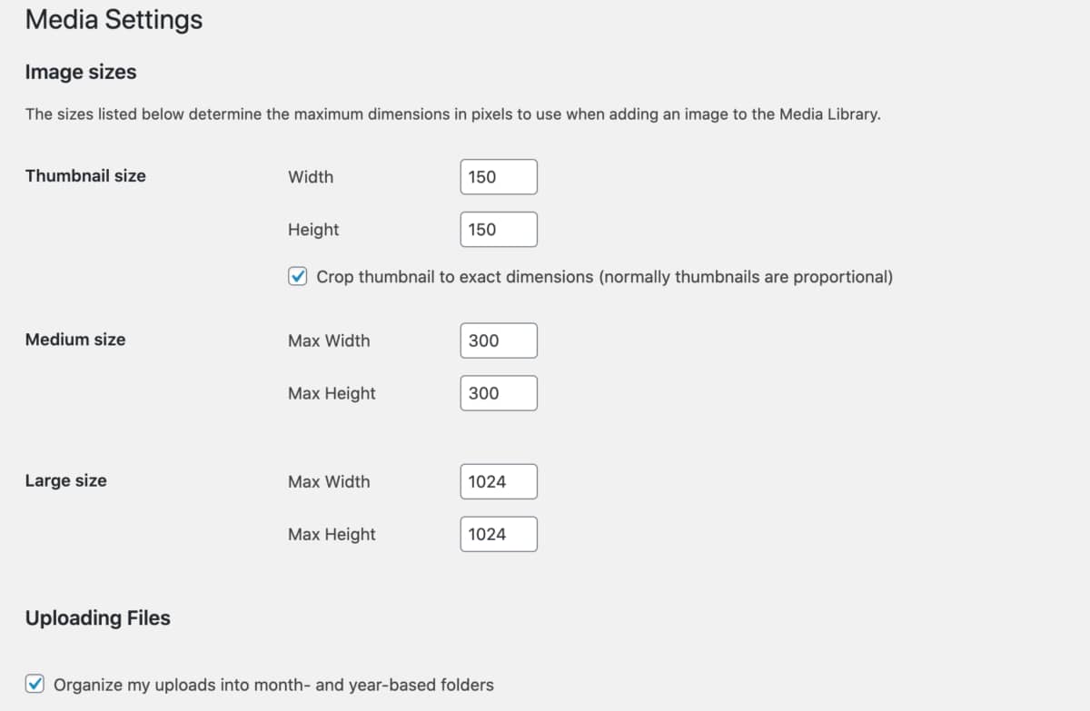 screenshot of default media settings in WP Dashboard