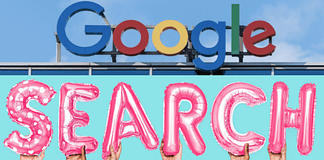 Google logo atop a building over SEARCH letters held by different hands - increase organic search