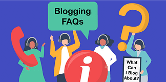 Animation of people holding callout "Blogging FAQs"