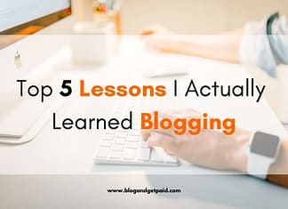 man's hands on keyboard with overlay of "Top 5 Lessons I Actually Learned Blogging"