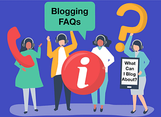 Animation of people holding callout "Blogging FAQs"