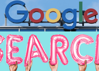 Google logo atop a building over SEARCH letters held by different hands - increase organic search