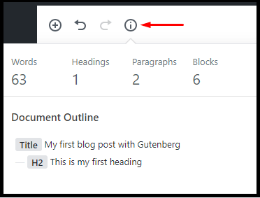 Gutenberg - The Info Button provides a summary of all elements used in the blog post