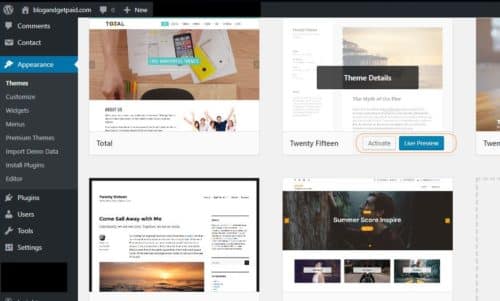 Screenshot of how to select a Theme in WordPress - From Zero To Blog in 5 Steps