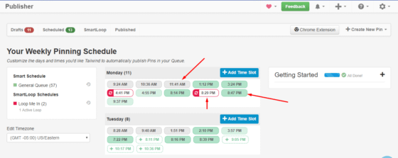 Screenshot from Tailwind - Scheduler shows how time slots are color coded
