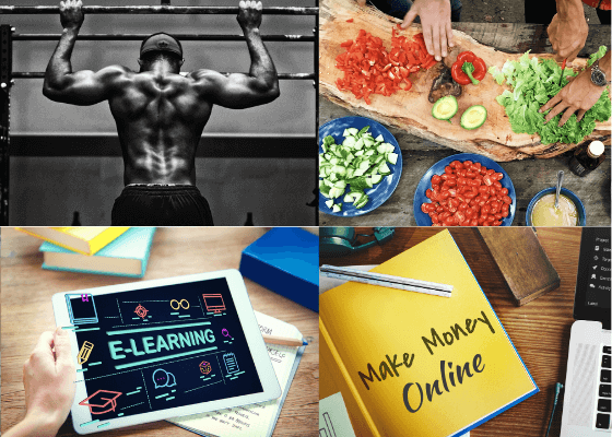 Collage of 4 images - A man doing pullups, someone cooking, a screen showing e-learning and a pad with make money online. 