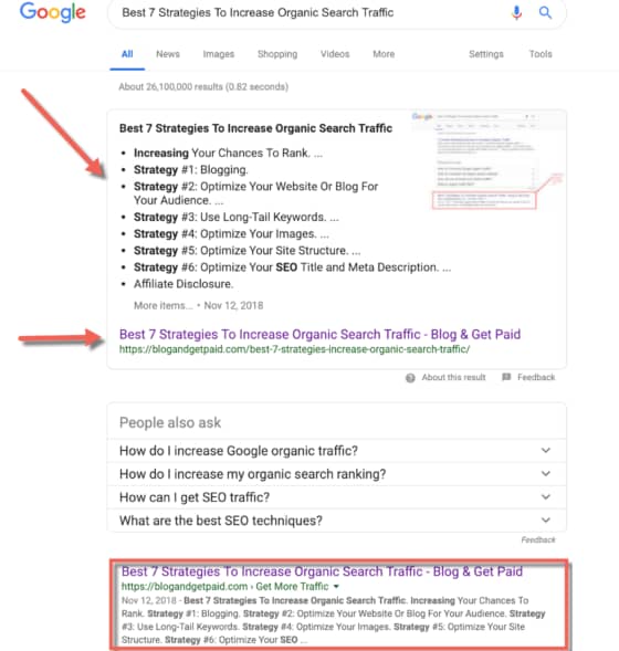 Screenshot of No1 spot of this post on Google - increase organic search traffic