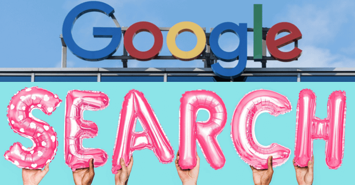 Google logo atop a building over SEARCH letters held by different hands - increase organic search