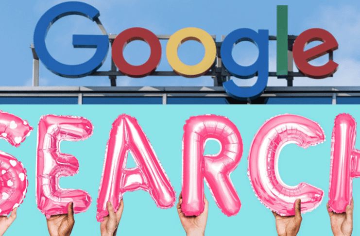 Google logo atop a building over SEARCH letters held by different hands - increase organic search