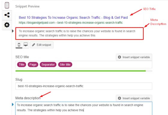 Screenshot of Yoast SEO on writing SEO title and meta description - increase organic search traffic