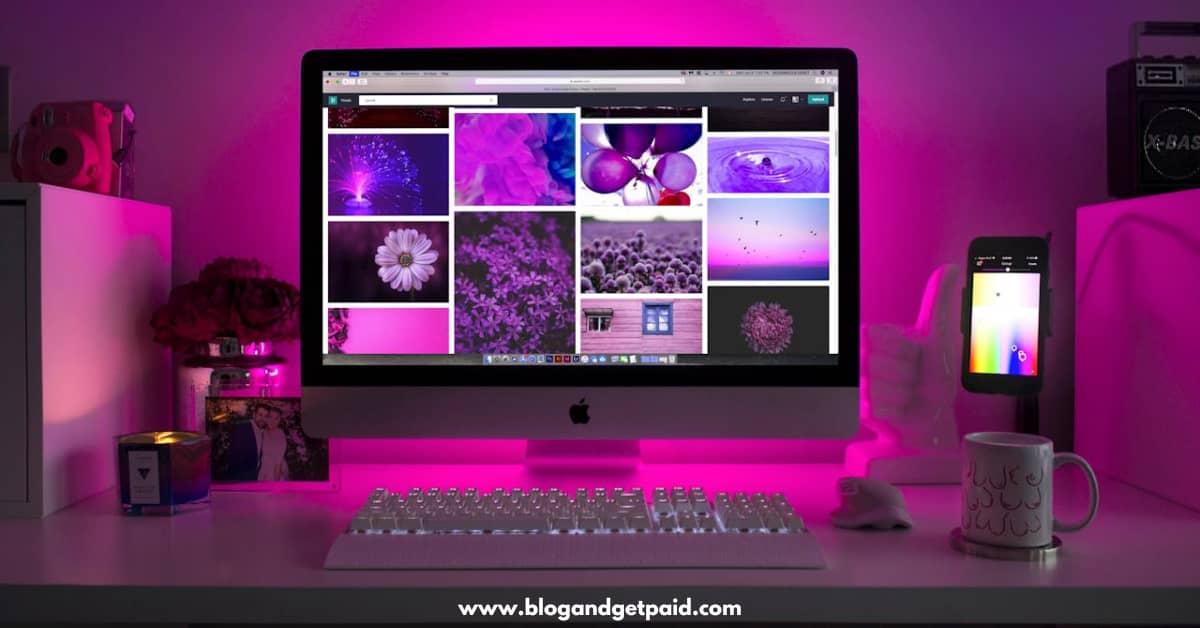 Lessons Learned Blogging - Blog Design - computer screen showing purple shapes and flowers