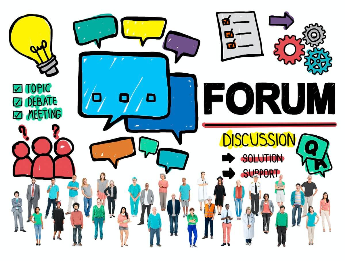 Graphical image with "Forum Discussion" on it and people with ideas and post it notes - after publishing your new blog post