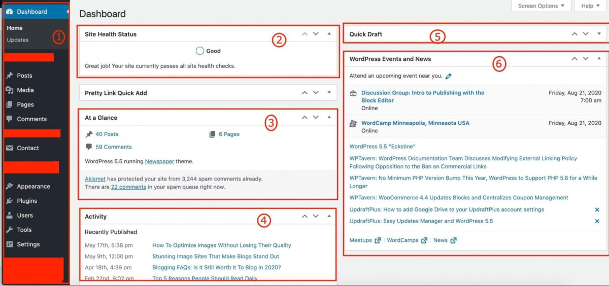 Screenshot of WordPress Dashboard highlighting major areas