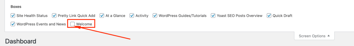screenshot of welcome option in wordpress