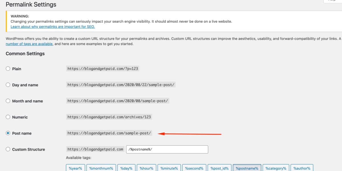 screenshot of permalinks settings in WP Dashboard