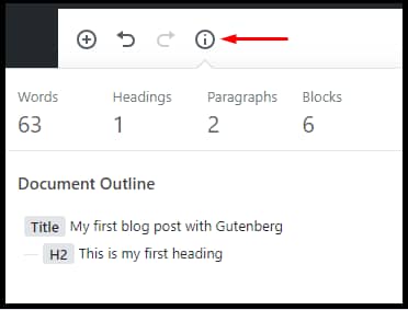 Gutenberg - The Info Button provides a summary of all elements used in the blog post