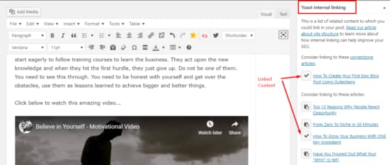 Screenshot showing how Yoast SEO suggests which posts you should link to - increase organic search traffic