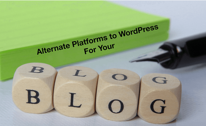 Green book with words "Alternate Platforms to WordPress for your Blog"