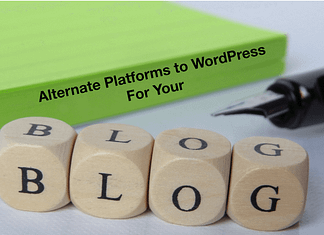 Green book with words "Alternate Platforms to WordPress for your Blog"