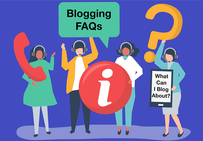 Animation of people holding callout "Blogging FAQs"